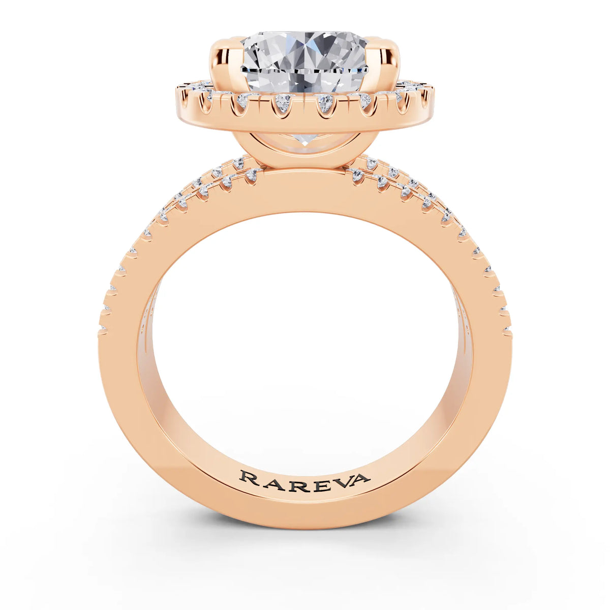 14 KT Rose Gold Round Cut Diamond Halo Ring with Pave Split Shank - through finger