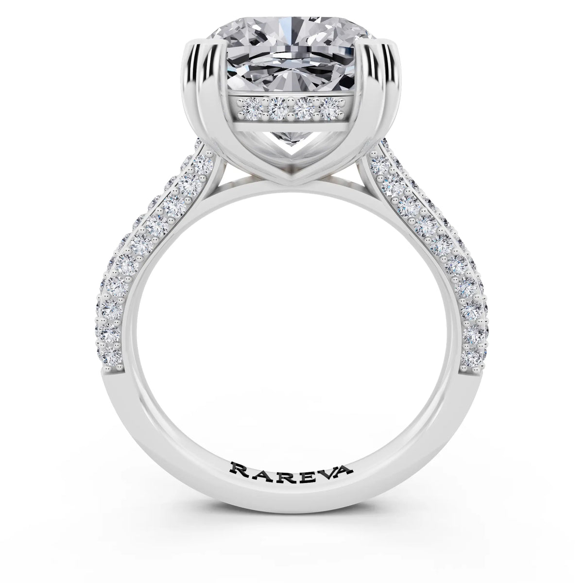 14 KT White Gold Cushion Cut Diamond Hidden Halo Double Claw Pave Band Ring - through finger
