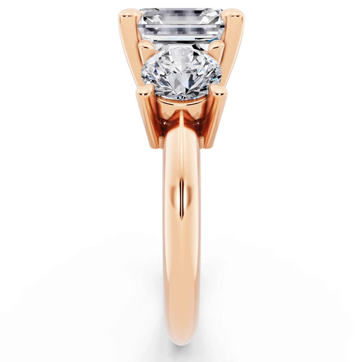 14 KT Rose Gold Asscher Cut Diamond Three Stone Ring with Round Accents - side view