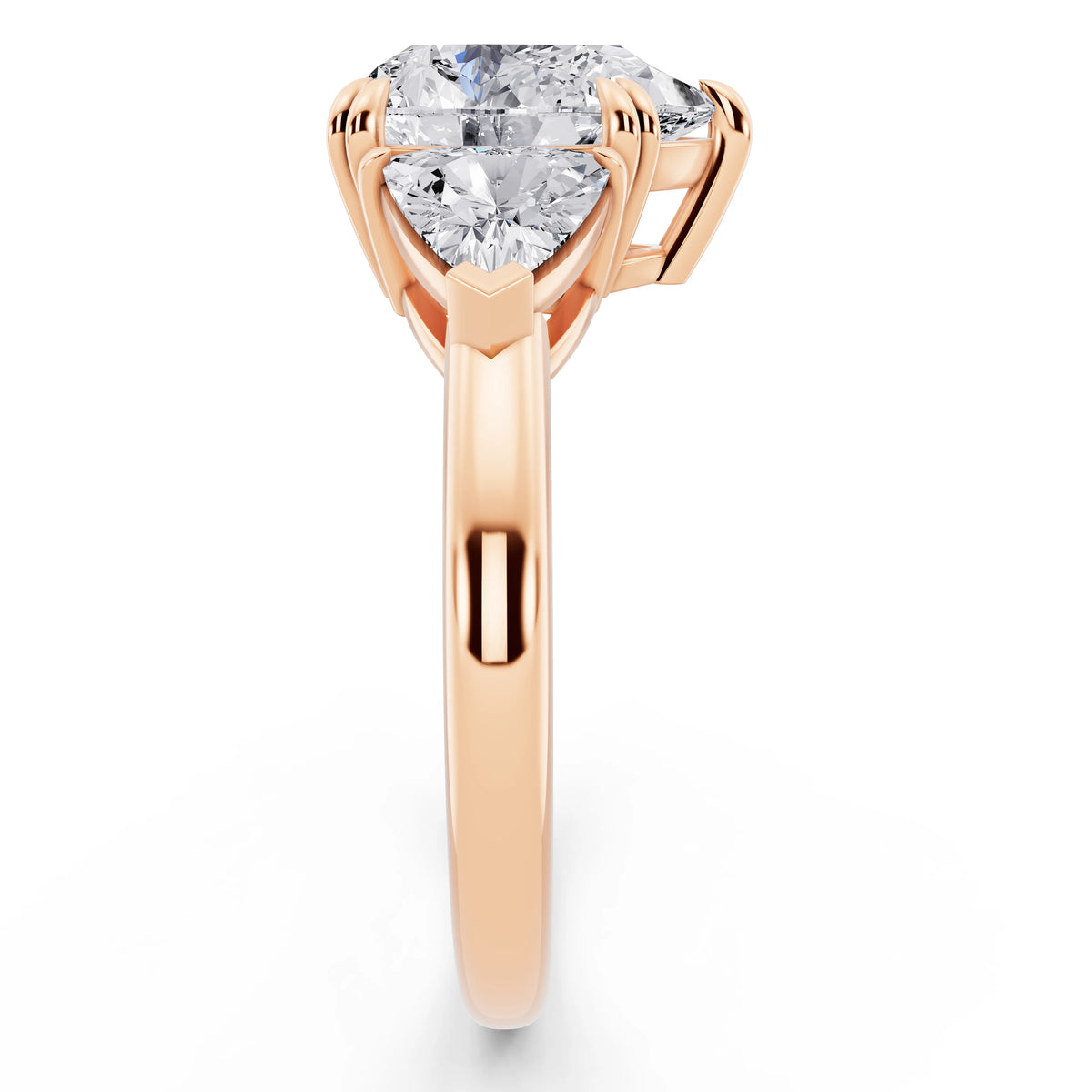 18 KT Rose Gold Pear Cut Diamond Three Stone Ring with Trillion Accents - side view