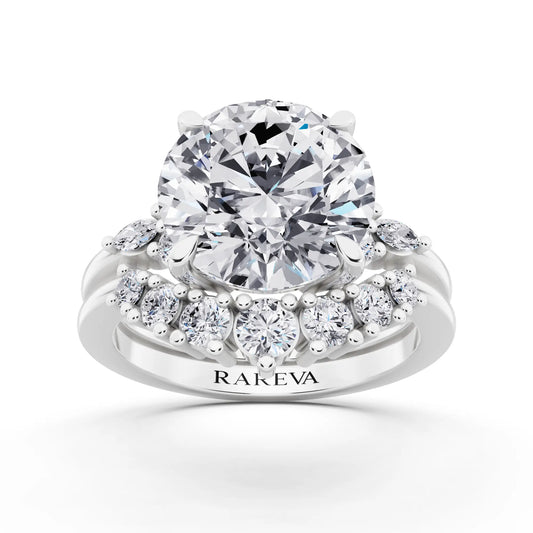 14 KT White Gold Round Cut Diamond Ring with Curved Cluster Band - front view