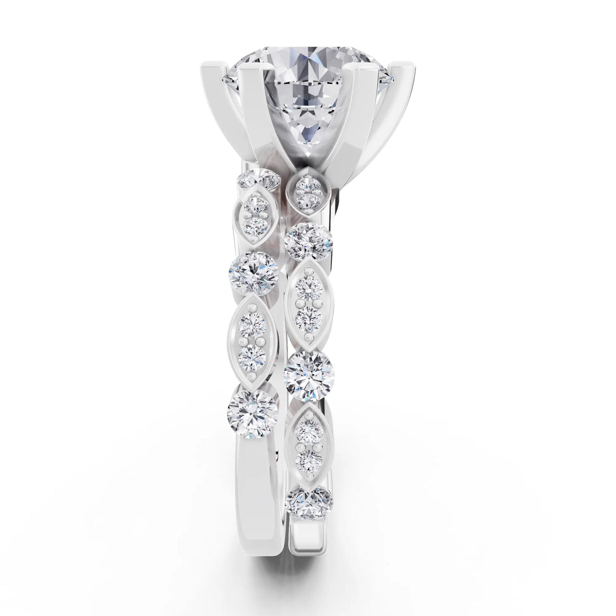 Platinum Round Cut Diamond Solitaire Ring with Marquise Motif Band - Side view
