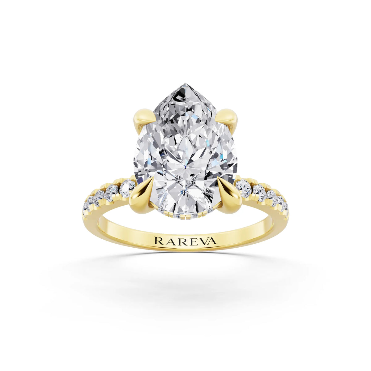 18 KT Yellow Gold Pear Cut Diamond Solitaire Ring with Round Pavé Band and Prong Setting - front view