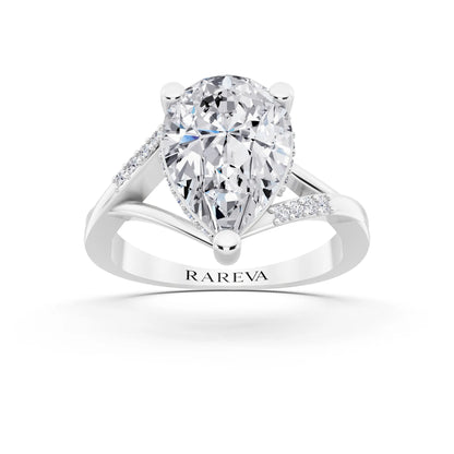 14 KT White Gold Pear Cut Diamond Split Shank Engagement Ring with Hidden Halo - front view