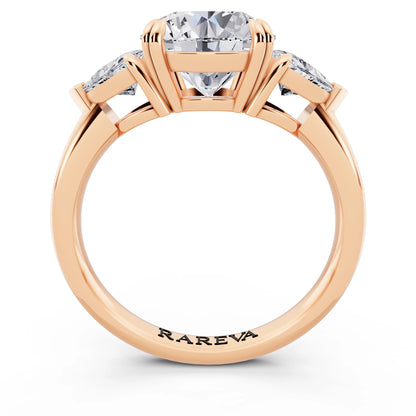 14 KT Rose Gold Round Cut Diamond Three Stone Ring with Trillion Accents - through finger