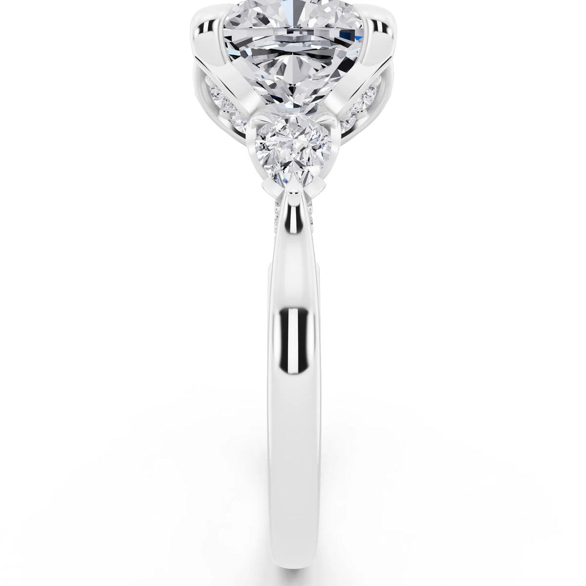 Platinum Cushion Cut Diamond Cluster Engagement Ring with Pear Accents and Pavé Band - side view