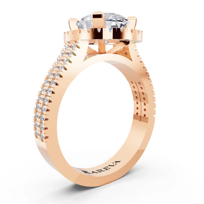 14 KT Rose Gold Oval Cut Diamond Halo Ring with Twin Pave Band - top view