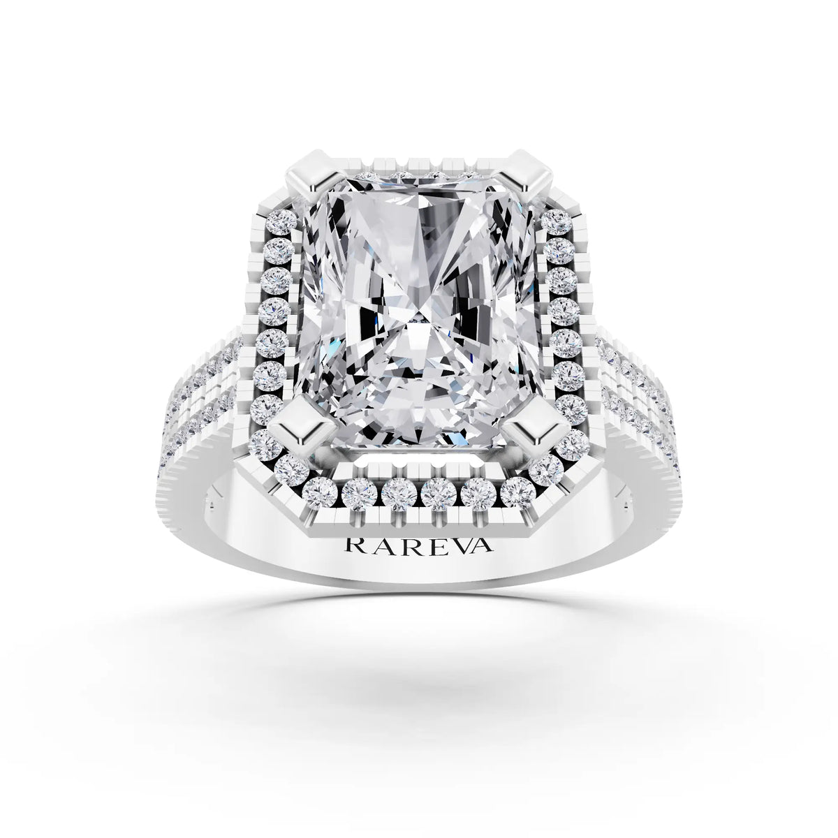 Platinum Radiant Cut Diamond Halo Ring with Twin Pave Band - front view