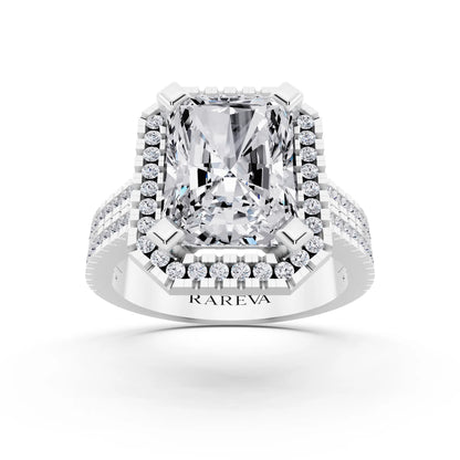 Platinum Radiant Cut Diamond Halo Ring with Twin Pave Band - front view