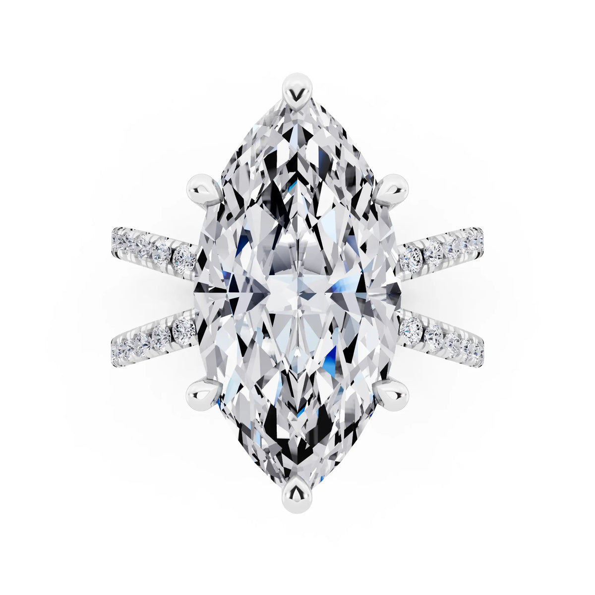 18 KT White Gold Marquise Cut Diamond Ring with Twisted Split Shank - top angle