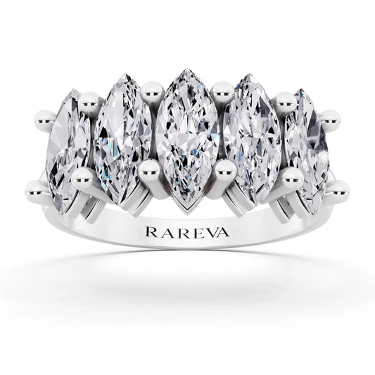 Silver Five Stone Marquise Cut Diamond Half Eternity Wedding Band - 2.7mm - Front