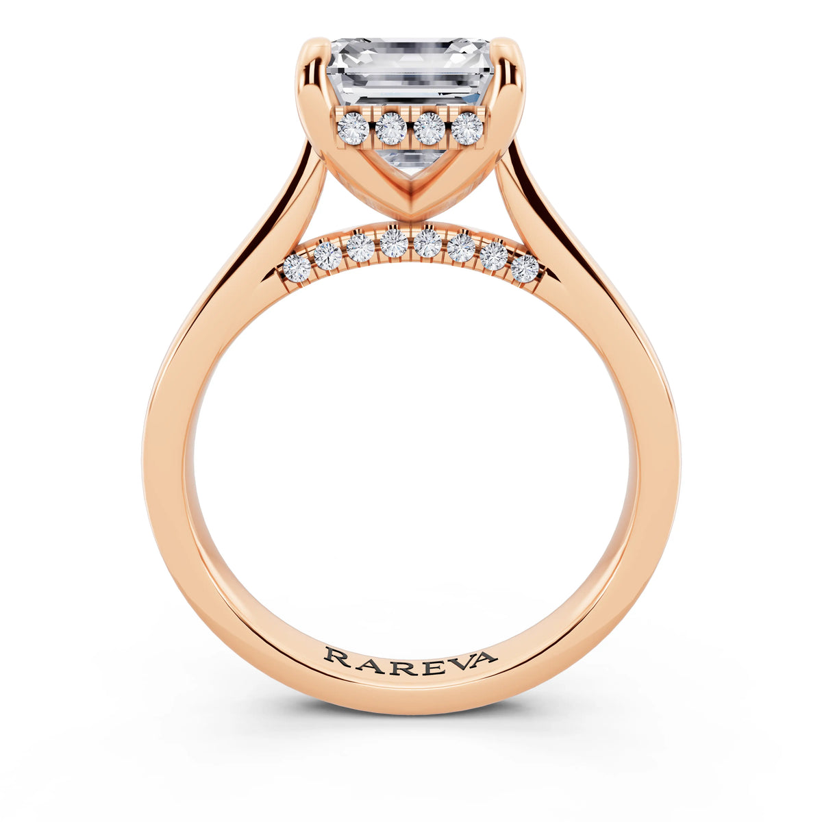 14 KT Rose Gold Asscher Cut Diamond Solitaire Ring with Cathedral Band - through finger