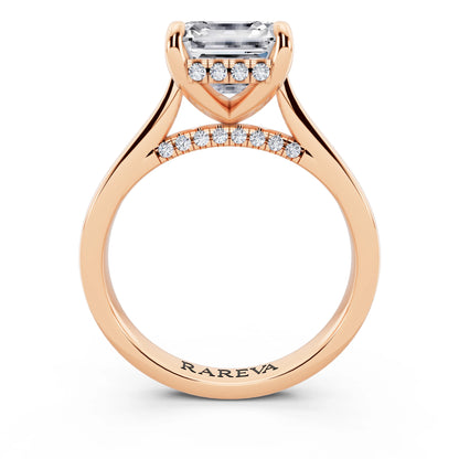 14 KT Rose Gold Asscher Cut Diamond Solitaire Ring with Cathedral Band - through finger
