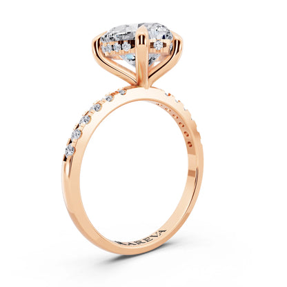 14 KT Rose Gold Heart Cut Diamond Solitaire Ring with Round Pavé Band and Prong Setting - top view