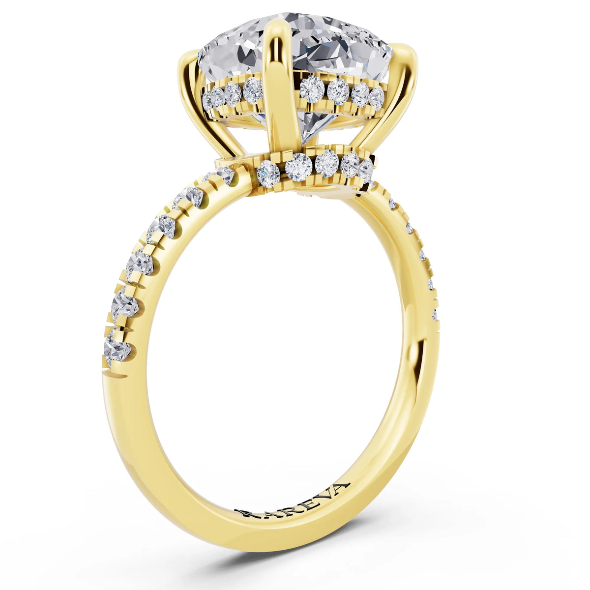 18 KT Yellow Gold Cushion Cut Diamond Hidden Halo Tiger Prong Pave Band Ring - top view