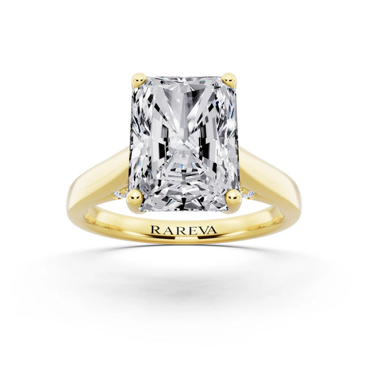 18 KT Yellow Gold Radiant Cut Diamond Solitaire Ring with Hidden Accent - front view