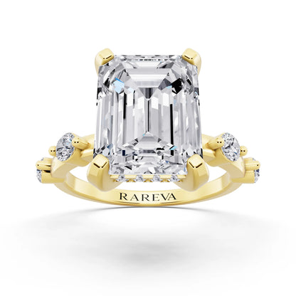 18 KT Yellow Gold Emerald Cut Diamond Solitaire Ring with Floating Diamond Accents - front view