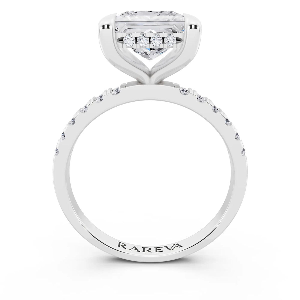 14 KT White Gold Princess Cut Diamond Solitaire Ring with Round Pavé Band and Prong Setting - through finger