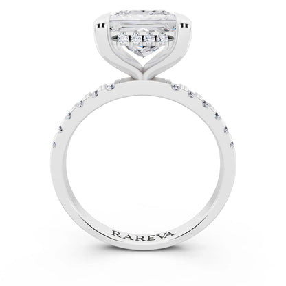 14 KT White Gold Princess Cut Diamond Solitaire Ring with Round Pavé Band and Prong Setting - through finger