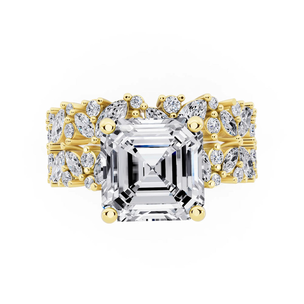 14 KT Yellow Gold Asscher Cut Diamond Ring with Marquise Cluster Band - top angle