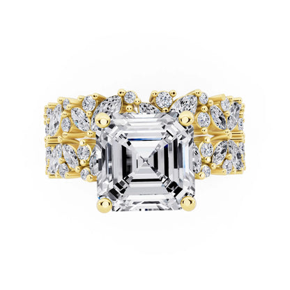 14 KT Yellow Gold Asscher Cut Diamond Ring with Marquise Cluster Band - top angle