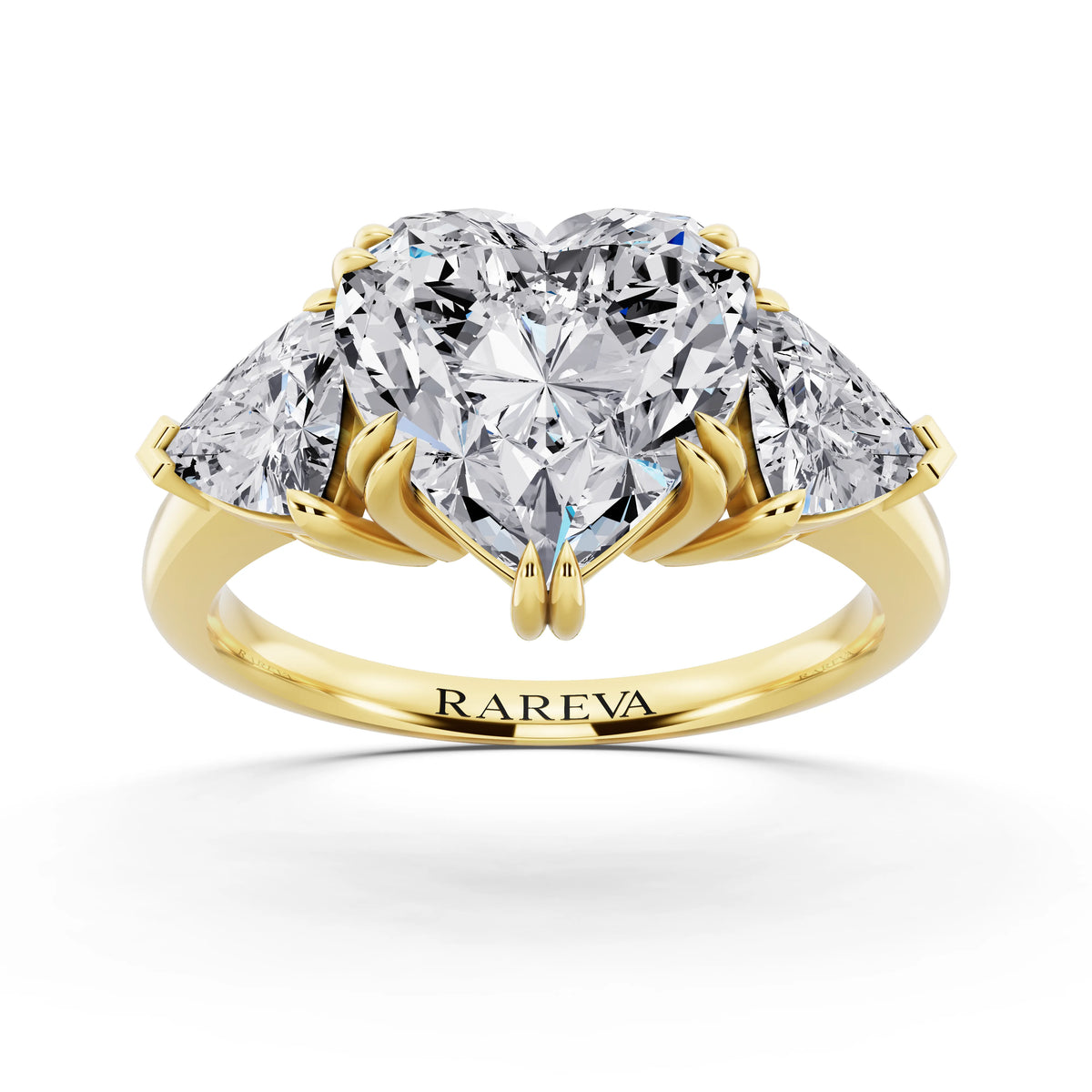 14 KT Yellow Gold Heart Cut Diamond Three Stone Ring with Trillion Accents - front view