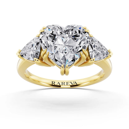14 KT Yellow Gold Heart Cut Diamond Three Stone Ring with Trillion Accents - front view