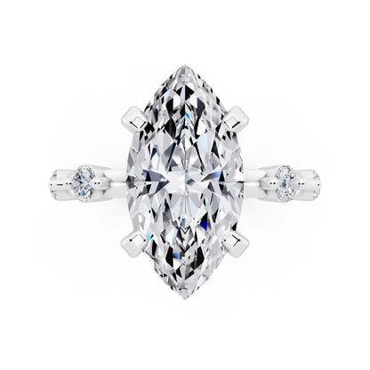 14 KT White Gold Marquise Cut Diamond Solitaire Ring with Floating Diamond Accents - top angle