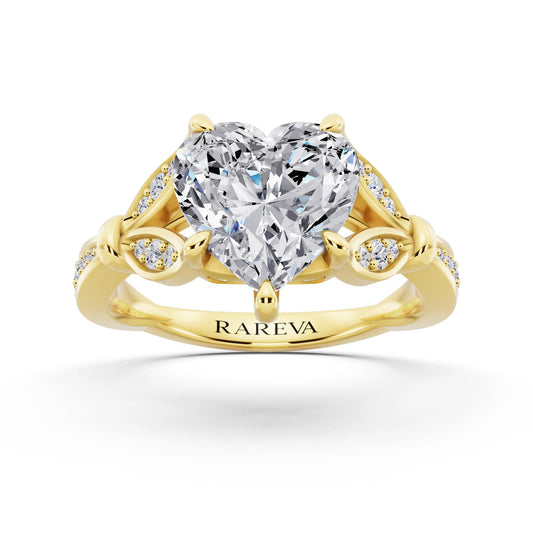 18 KT Yellow Gold Heart Cut Diamond Ring with Lotus Collar - front view