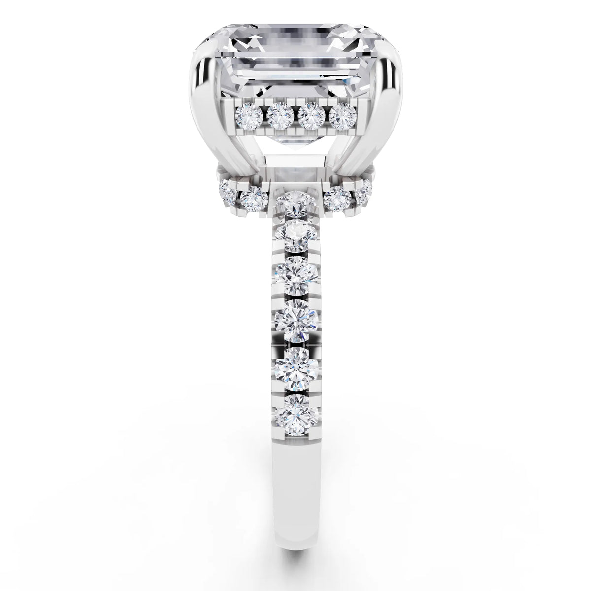 Platinum Asscher Cut Diamond Hidden Halo Tiger Prong Pave Band Ring - side view