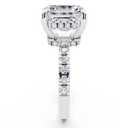 Platinum Asscher Cut Diamond Hidden Halo Tiger Prong Pave Band Ring - side view
