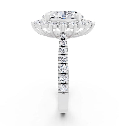 14 KT White Gold Oval Cut Diamond Floral Halo Ring with Pave Band - Side view