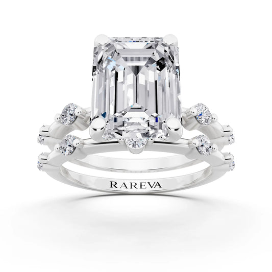 14 KT White Gold Emerald Cut Diamond Ring with Floating Accent Band - front view