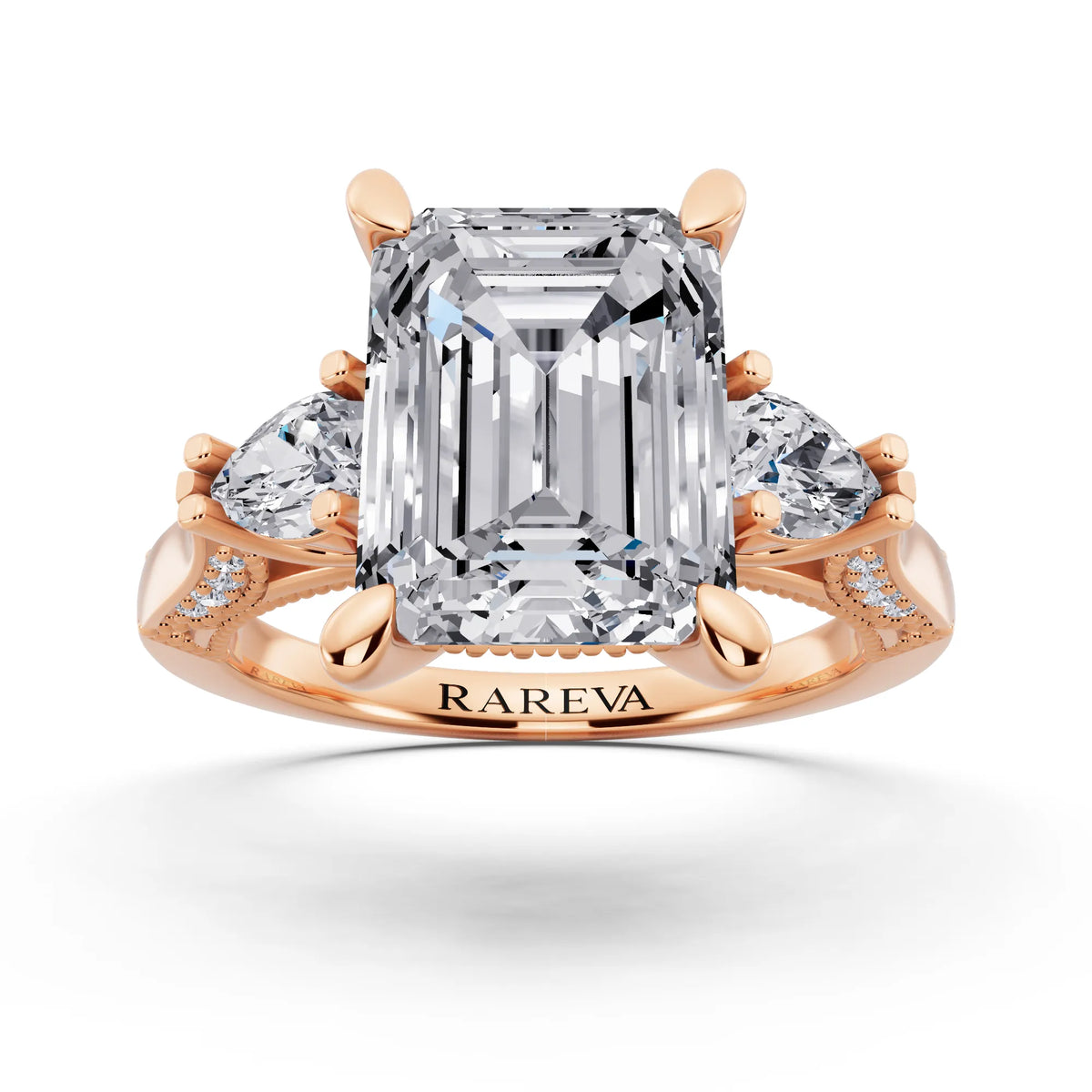 18 KT Rose Gold Emerald Cut Diamond Three Stone Pear Accent Vintage Pave Ring - front view