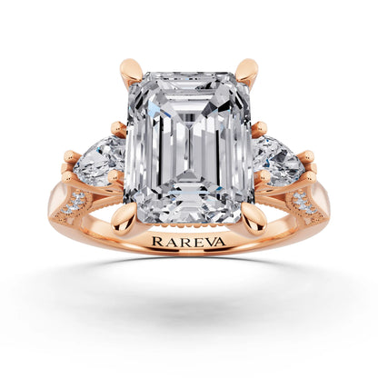 18 KT Rose Gold Emerald Cut Diamond Three Stone Pear Accent Vintage Pave Ring - front view