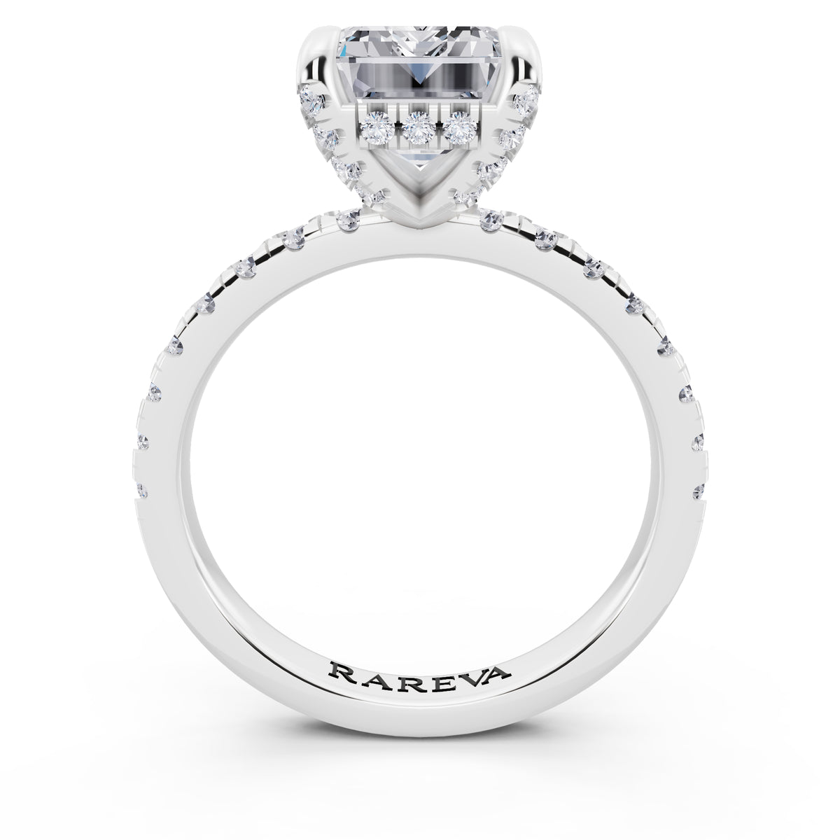 14 KT White Gold Emerald Cut Diamond Hidden Halo Ring with Pave Shank - through finger