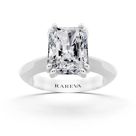 18 KT White Gold Radiant Cut Diamond Solitaire Ring with Knife Edge Band - front view