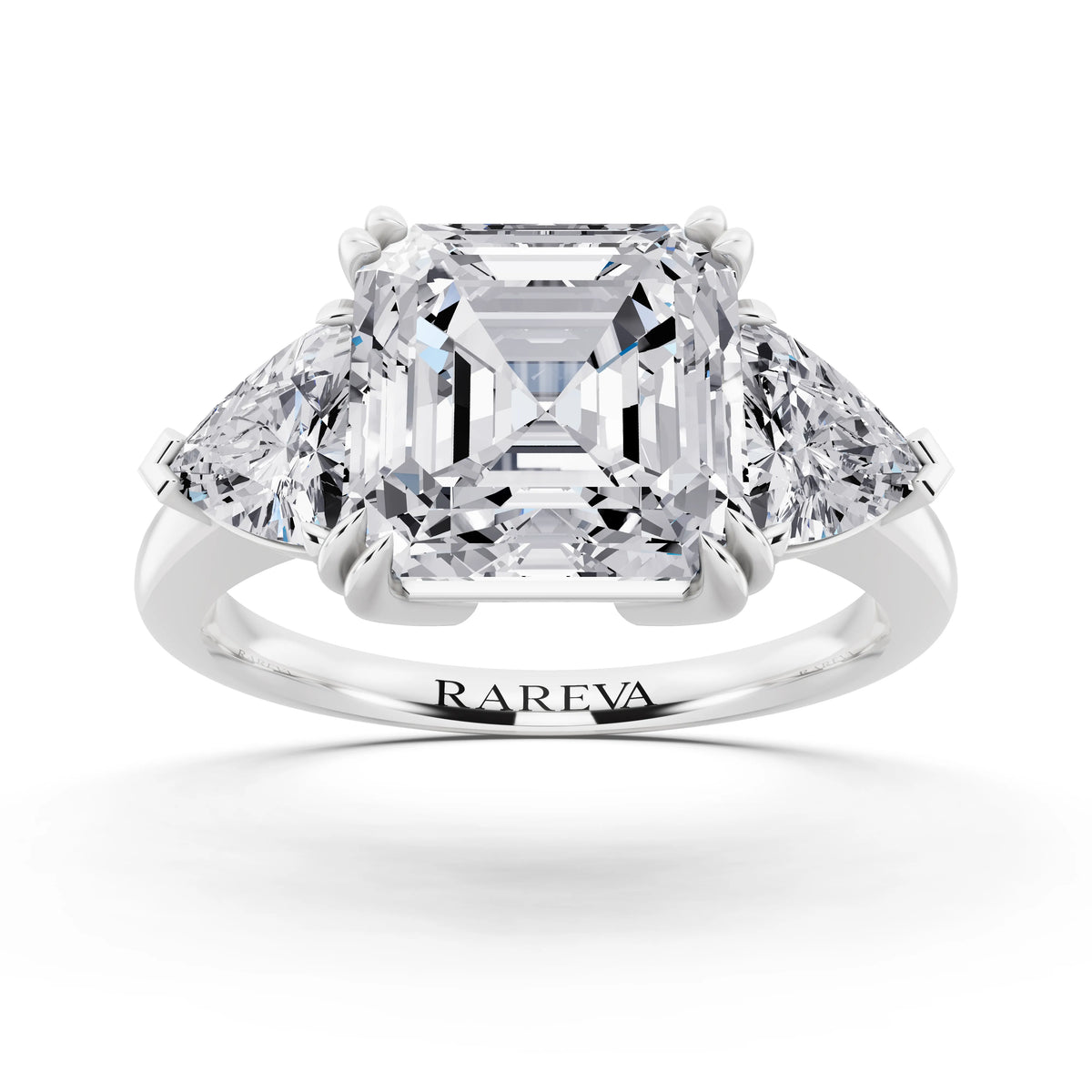 14 KT White Gold Asscher Cut Diamond Three Stone Ring with Trillion Accents - front view