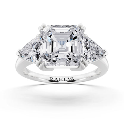 14 KT White Gold Asscher Cut Diamond Three Stone Ring with Trillion Accents - front view