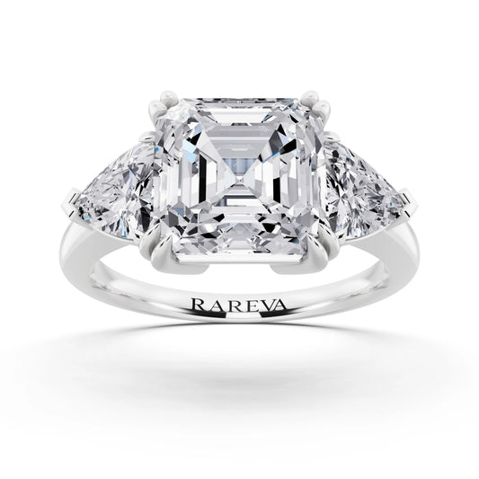 14 KT White Gold Asscher Cut Diamond Three Stone Ring with Trillion Accents - front view