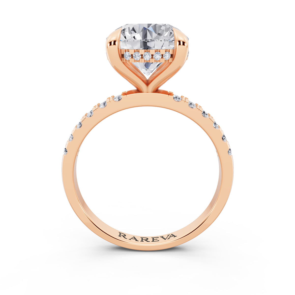 14 KT Rose Gold Round Cut Diamond Solitaire Ring with Round Pavé Band and Prong Setting - through finger