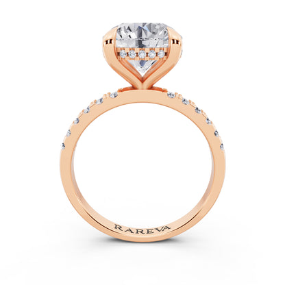 14 KT Rose Gold Round Cut Diamond Solitaire Ring with Round Pavé Band and Prong Setting - through finger
