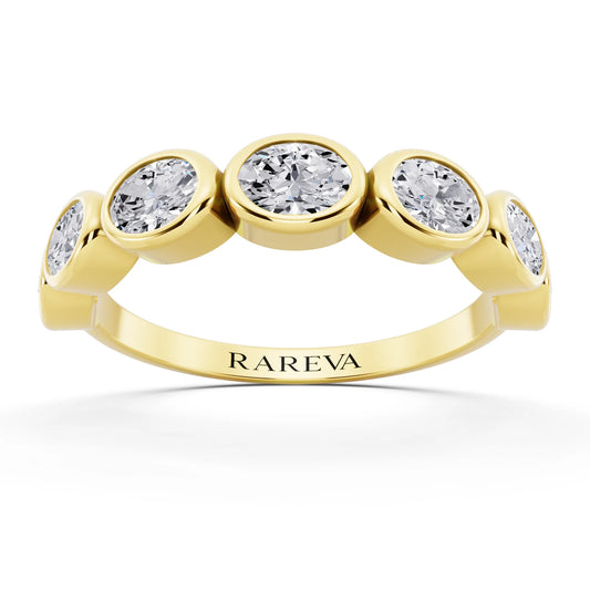 10K Yellow Gold Seven Stone Oval Cut Bezel Set Diamond Half Eternity Wedding Band - 2mm - Front