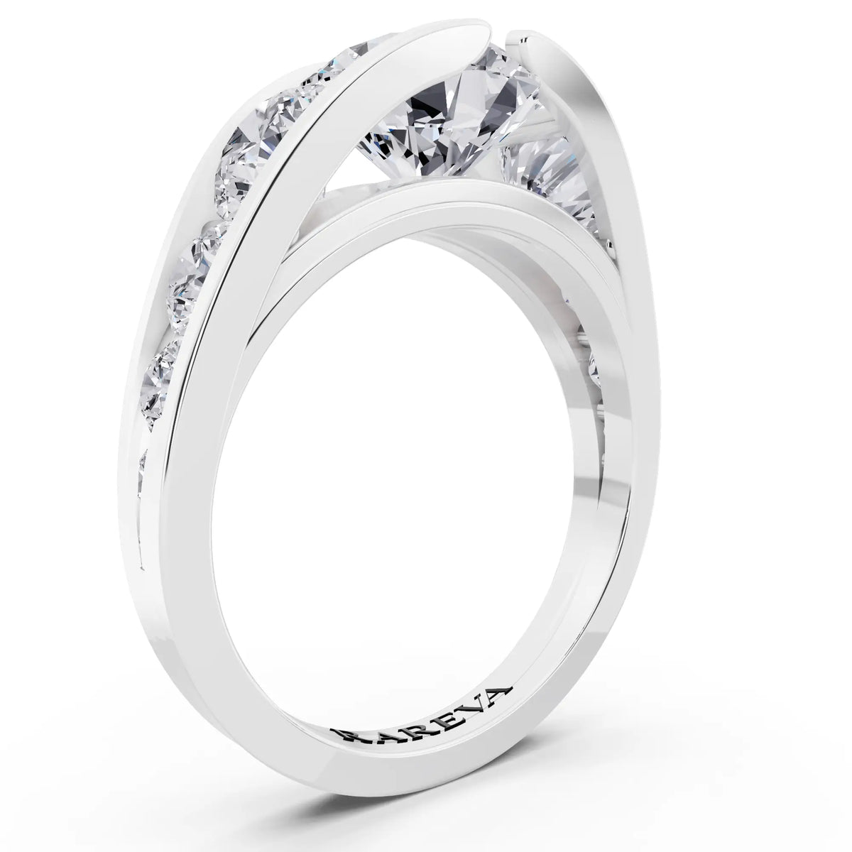 18 KT White Gold Round Cut Diamond Ring with Graduated Side Stones - Top view