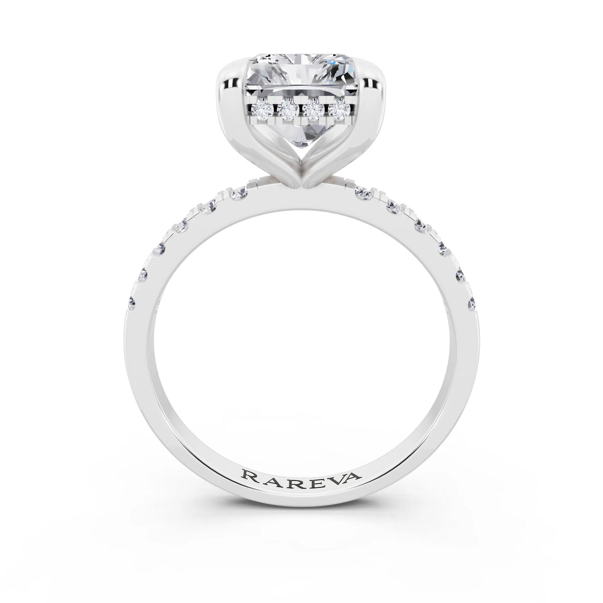 Platinum Radiant Cut Diamond Solitaire Ring with Round Pavé Band and Prong Setting - through finger