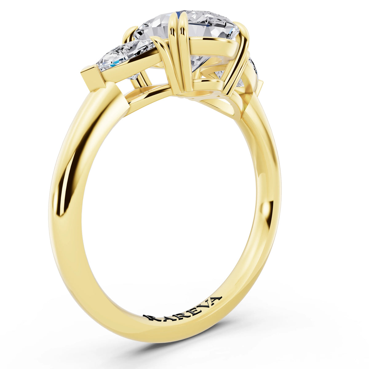 14 KT Yellow Gold Oval Cut Diamond Three Stone Ring with Trillion Accents - top view