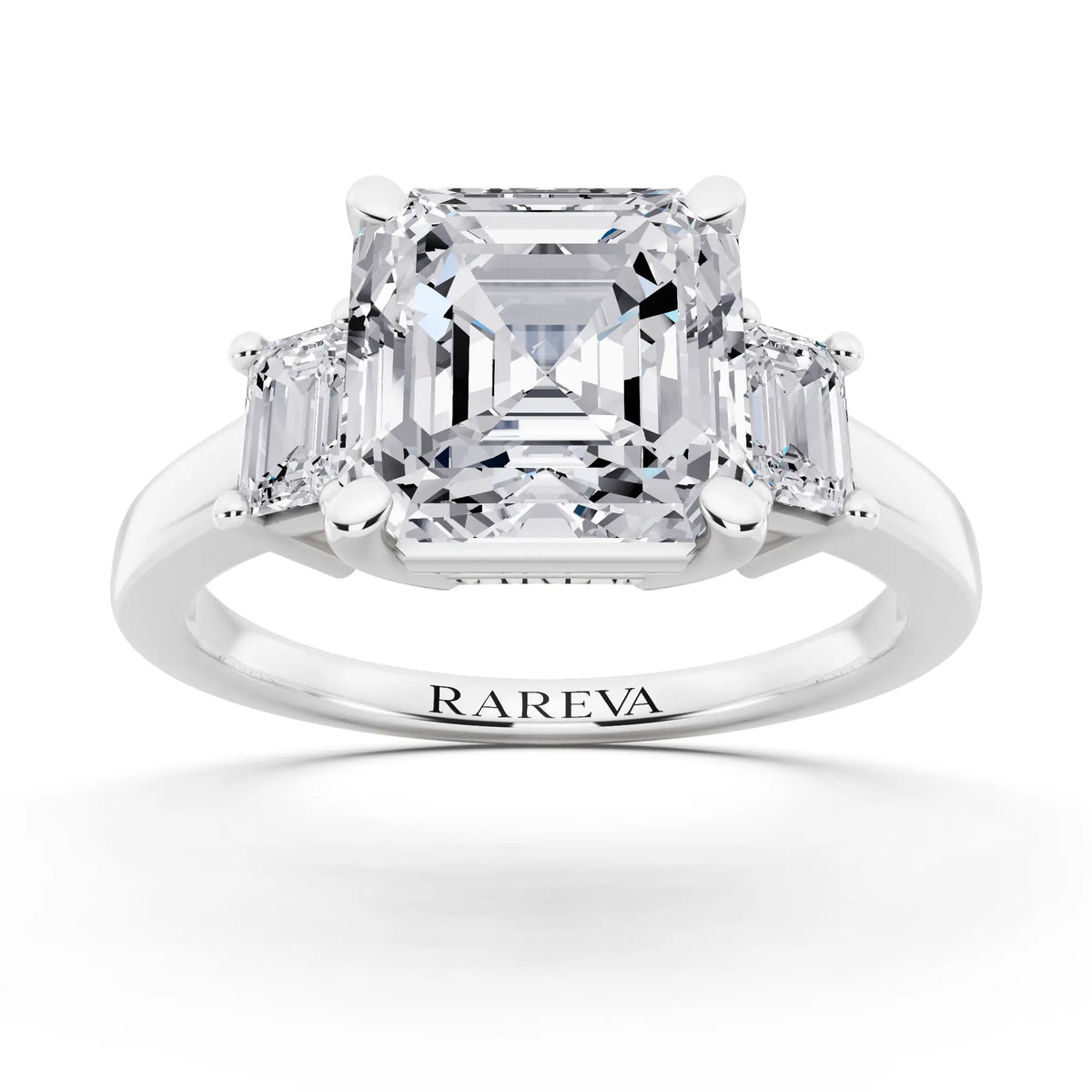 18 KT White Gold Asscher Cut Diamond Three Stone Emerald Accent Ring - front view