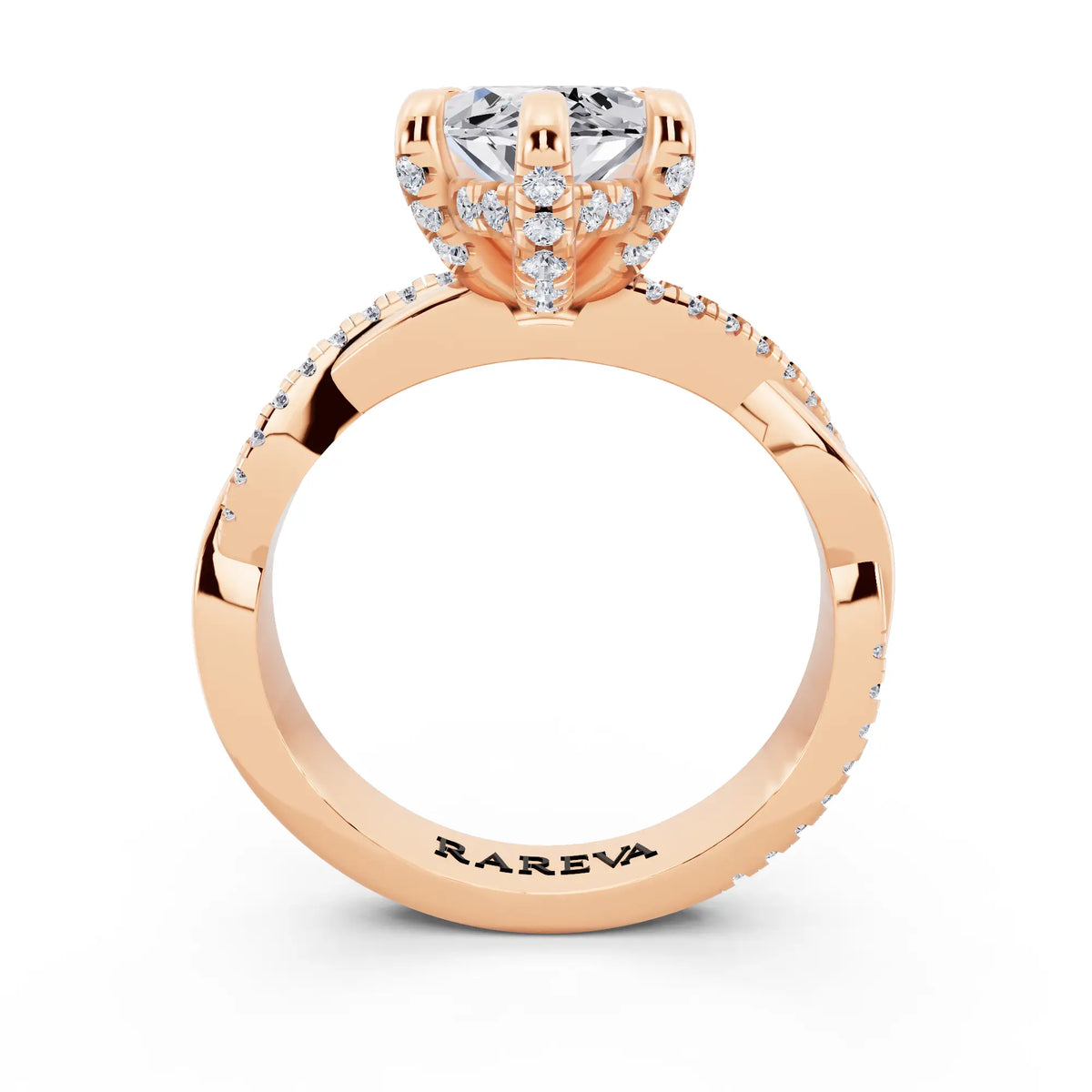 14 KT Rose Gold Marquise Cut Diamond Hidden Halo Ring with Twisted Pave Band - through finger