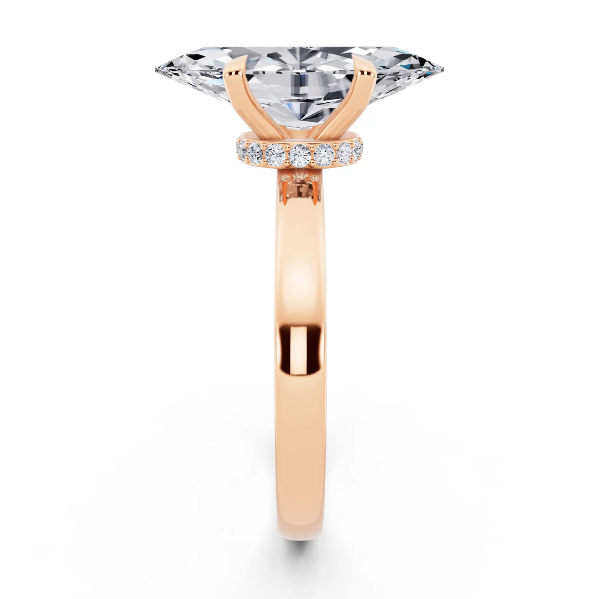 18 KT Rose Gold Marquise Cut Diamond Solitaire Ring with Pave Collar - side view