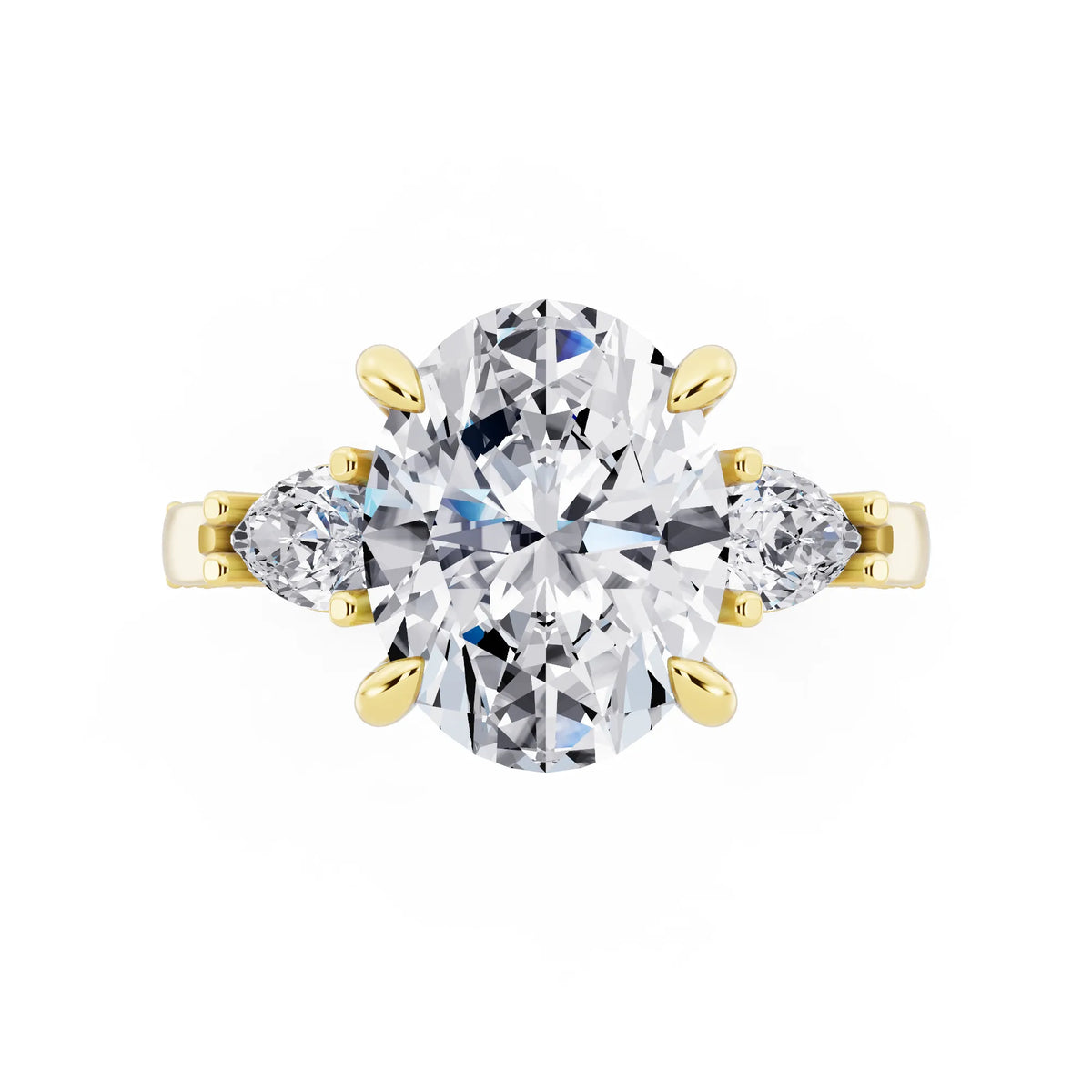 18 KT Yellow Gold Oval Cut Diamond Three Stone Pear Accent Vintage Pave Ring - top angle